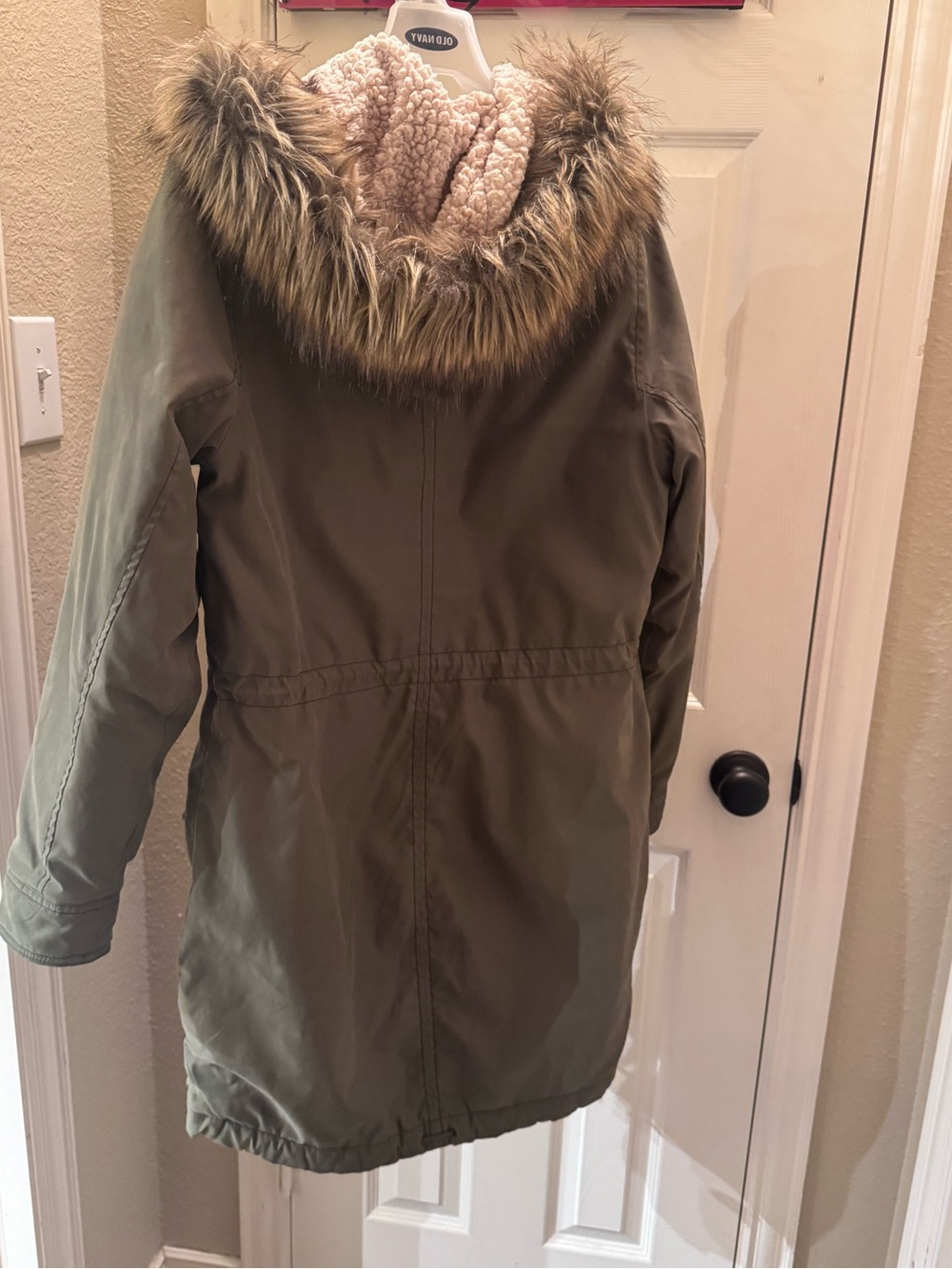 Abercrombie & Fitch Olive Trench Coat with Faux Fur Hood